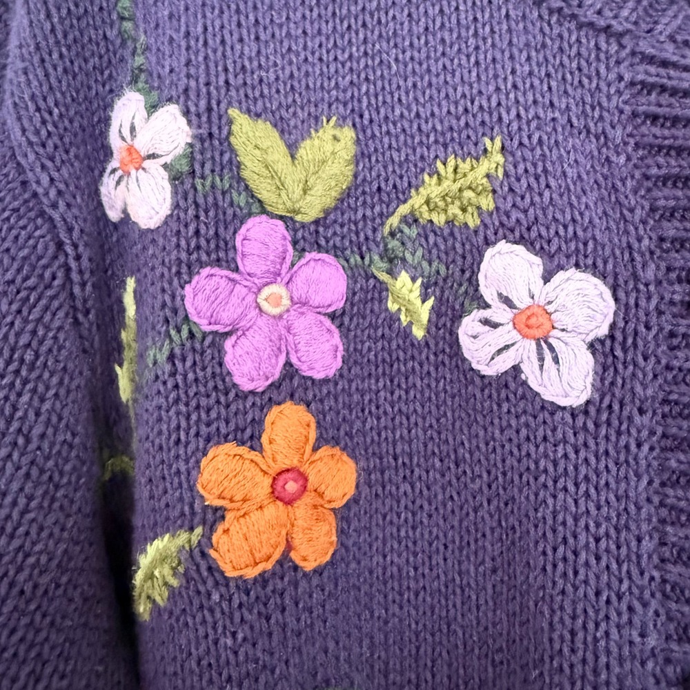 Vintage David Loren Purple Embroidered Floral Cardigan Sweater Large Easter Plum - Picture 2 of 11